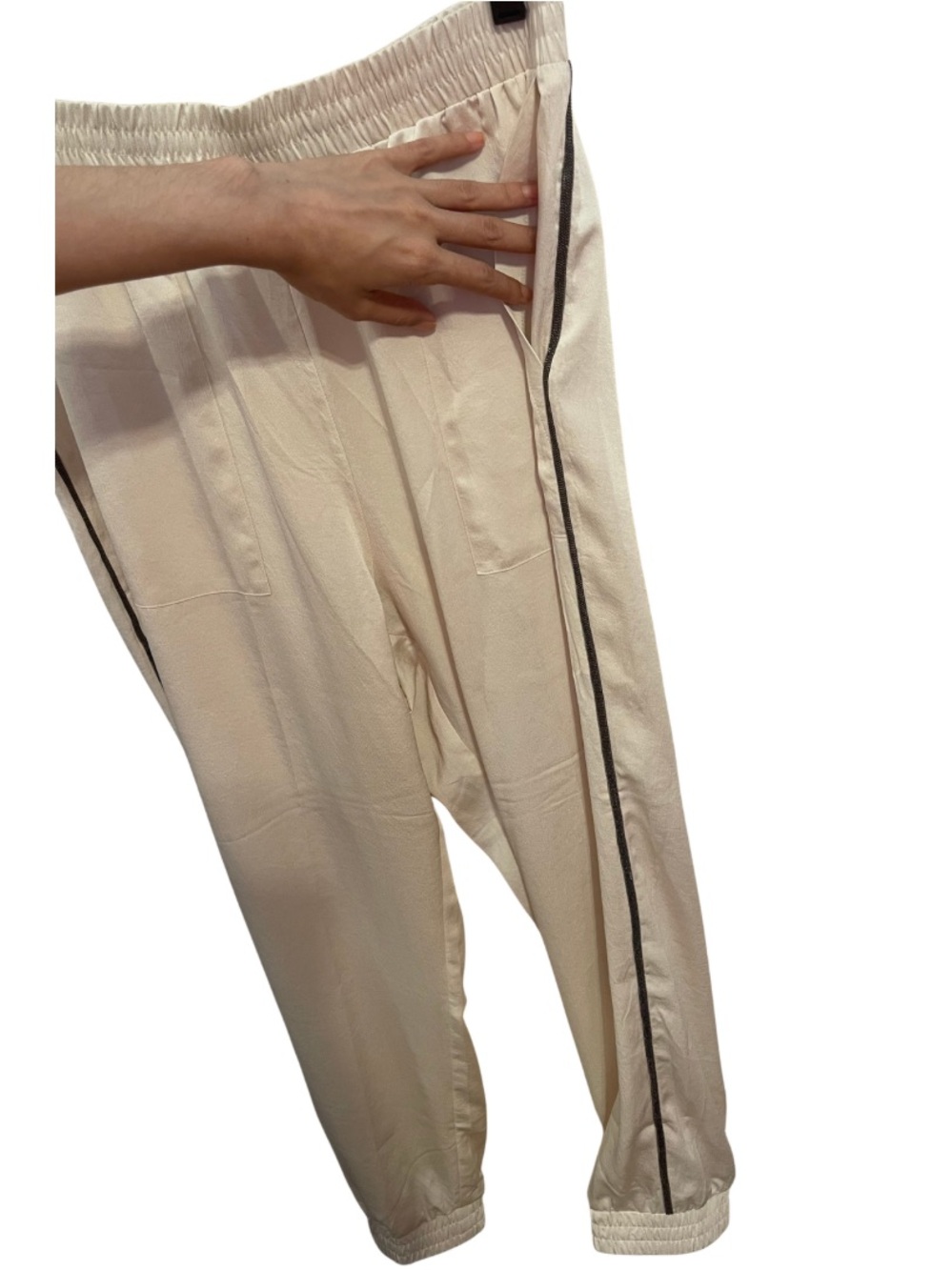 Express Beaded Side Stripe Flowy Dressy Jogger Pants in Cream - Picture 6 of 8